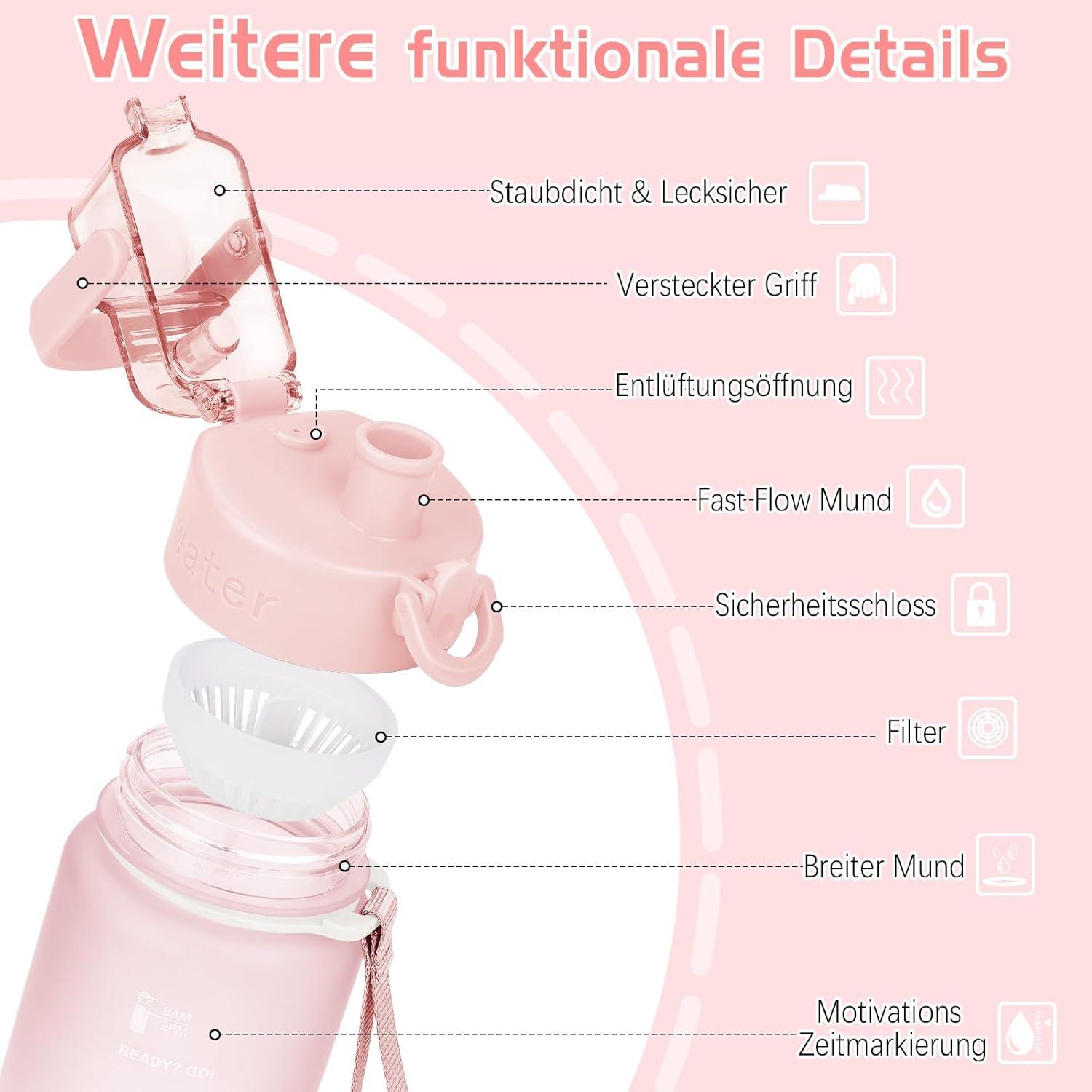 Trinkflasche 1l BPA-frei Sport mit Zeitmarkierung