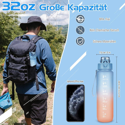 Trinkflasche 1l BPA-frei Sport Auslaufsicher Zeitmarkierung Fitness