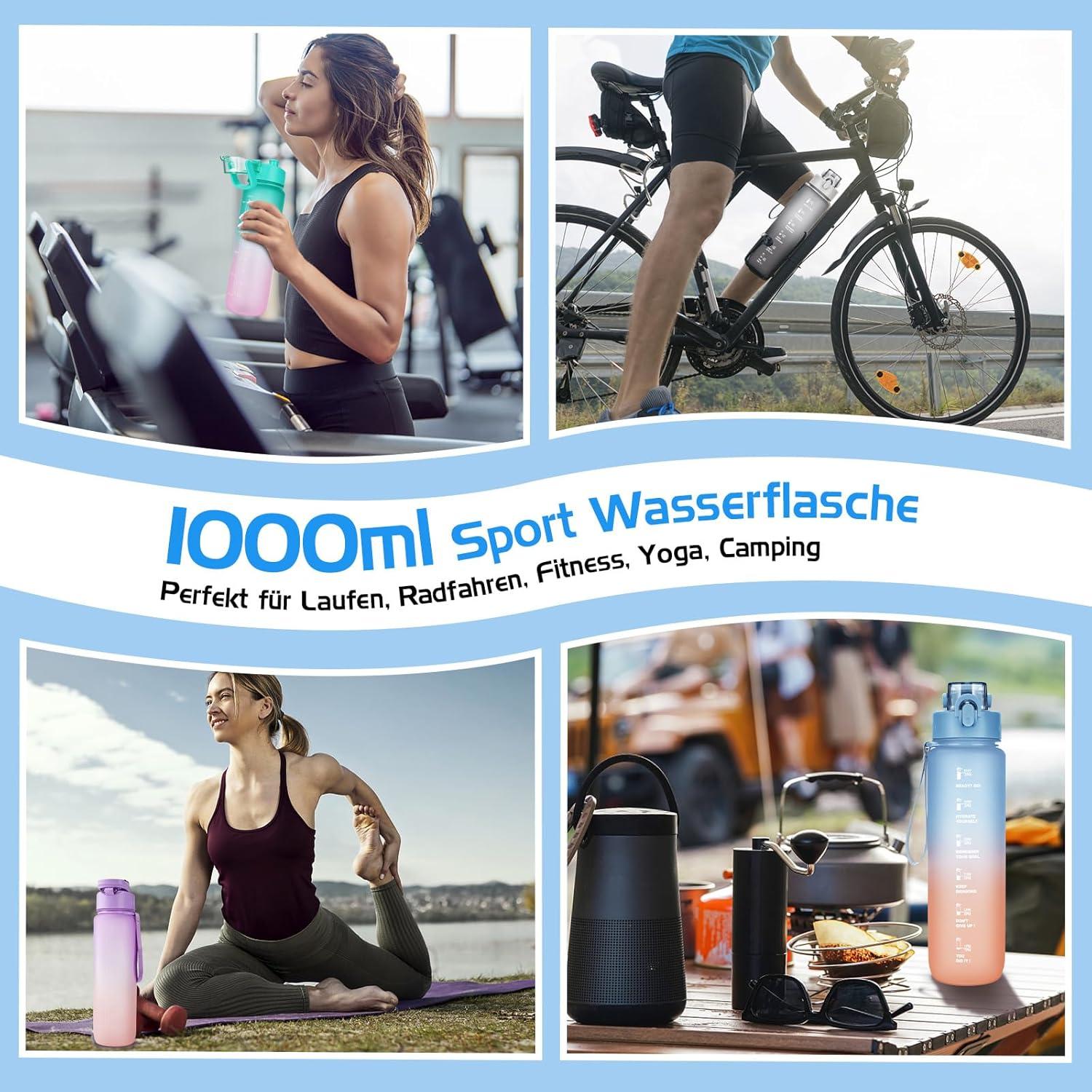 Sport Trinkflasche 1l BPA-frei Auslaufsicher Zeitmarkierung für Fitness Büro