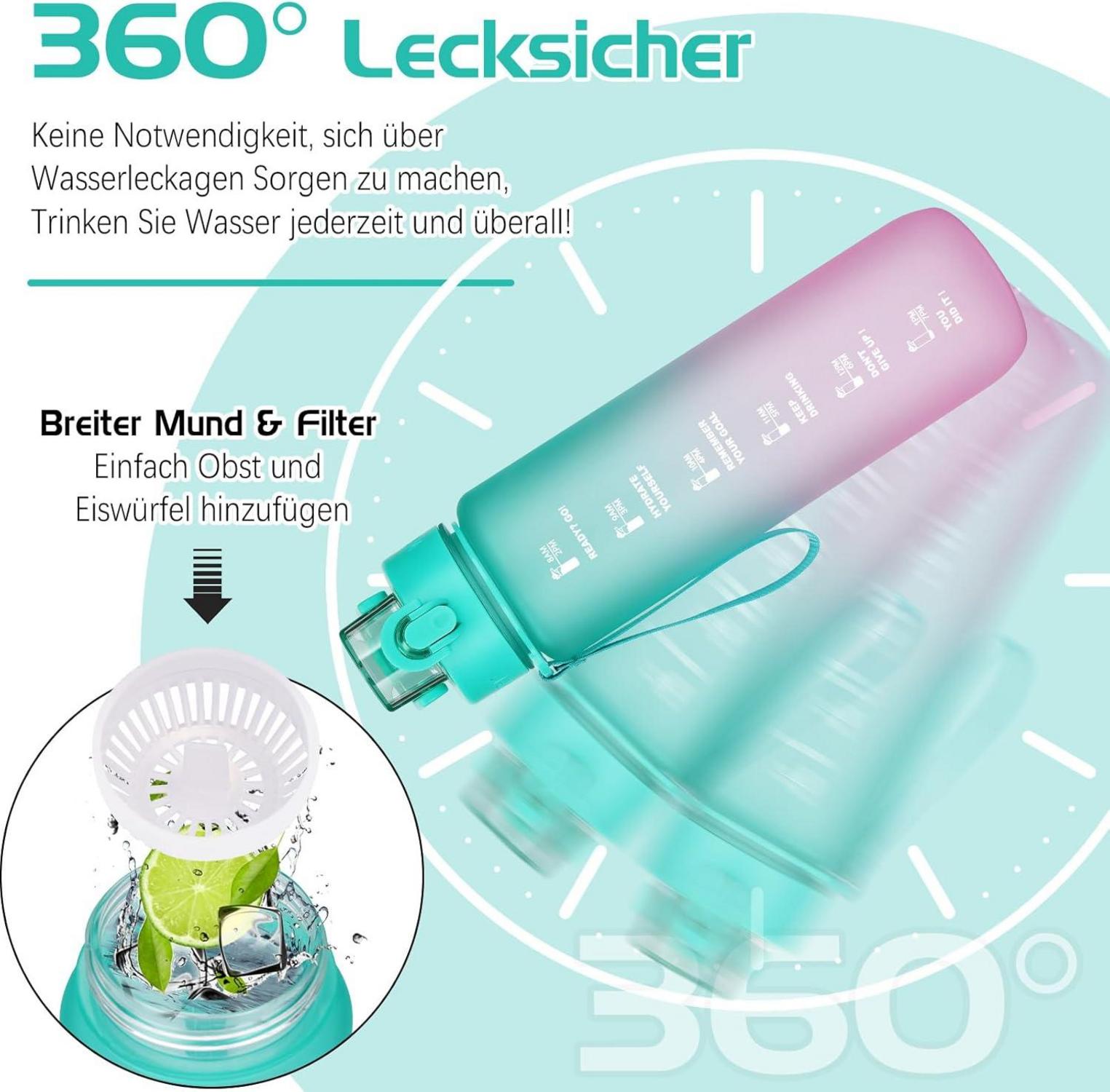 Trinkflasche 1l BPA-frei Sport Auslaufsicher mit Zeitmarkierung