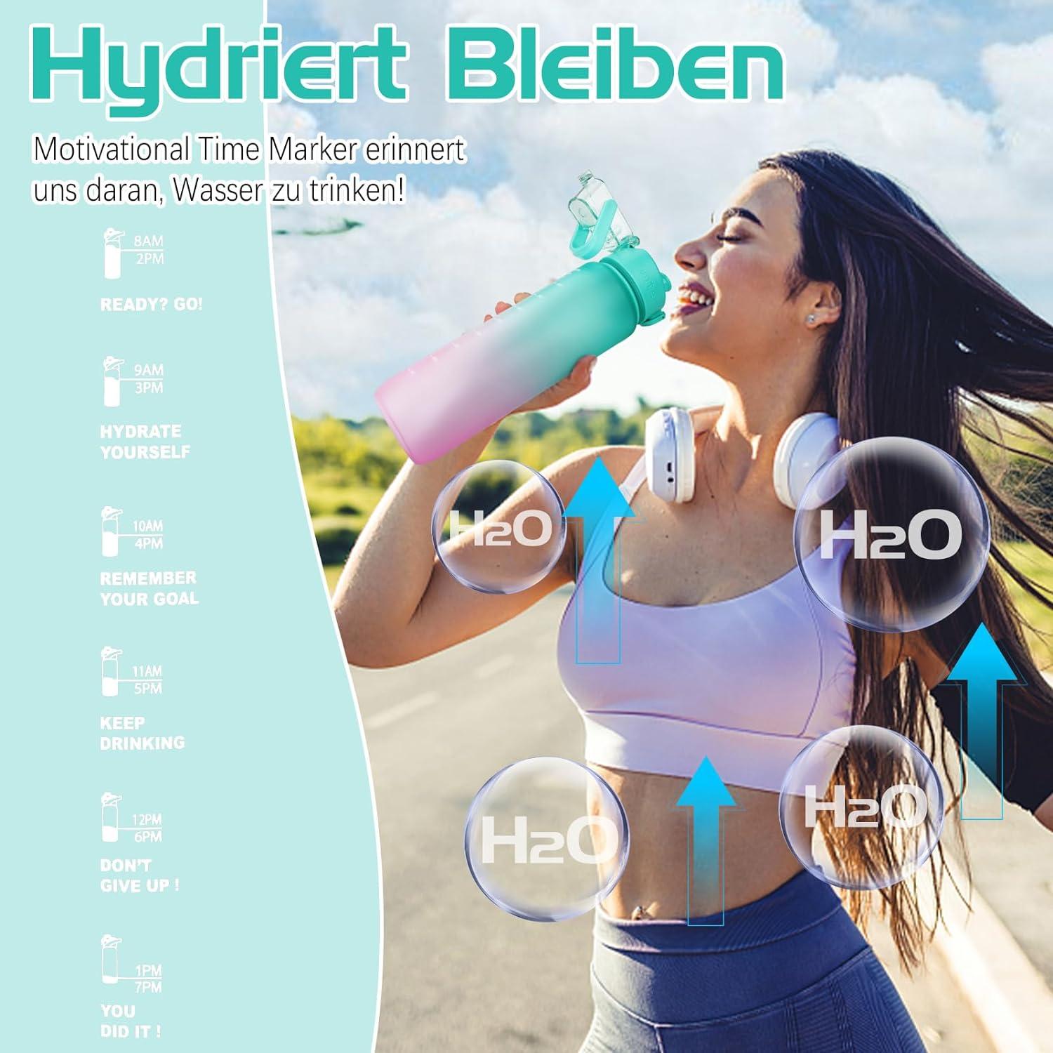 Sport Trinkflasche 1l BPA-frei Auslaufsicher Zeitmarkierung Fitness Büro Grün