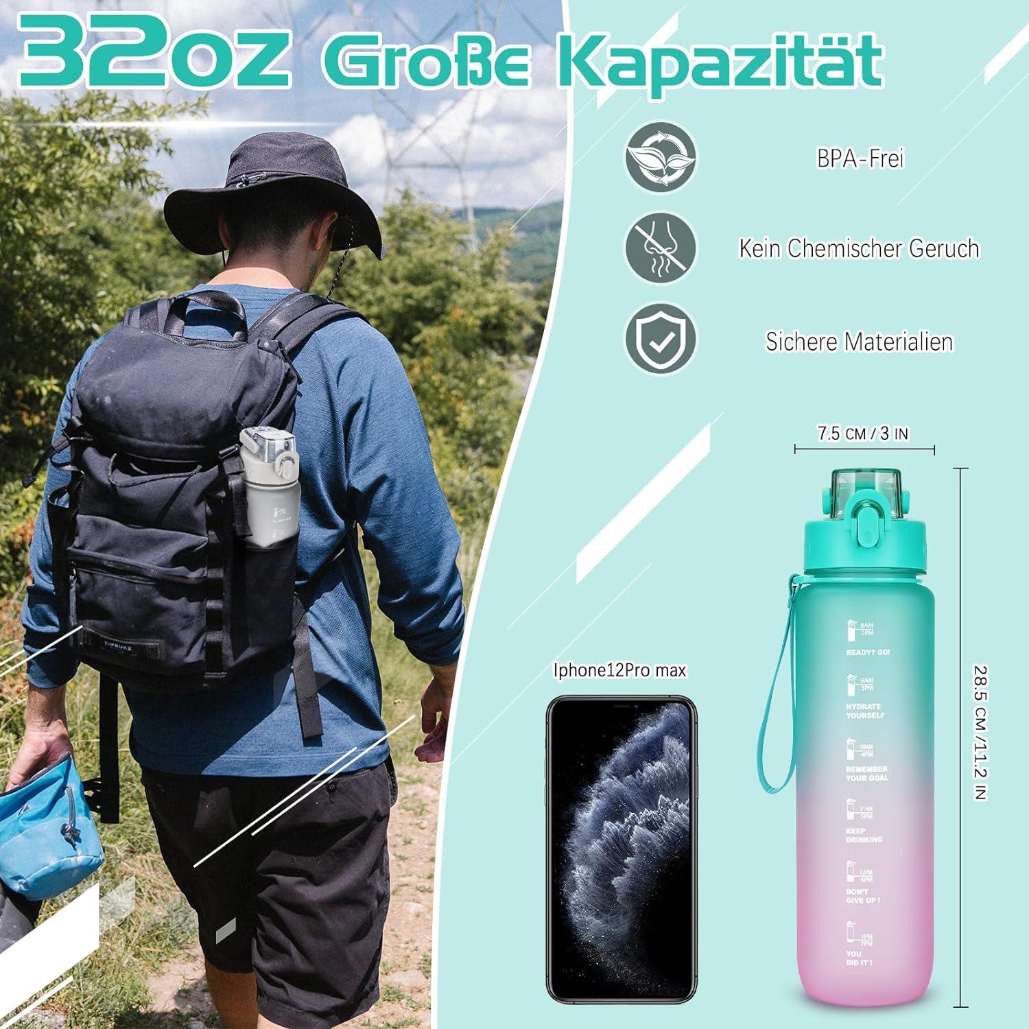 Trinkflasche 1l BPA-frei Sportflasche mit Zeitmarkierung Auslaufsicher