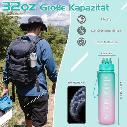 Trinkflasche 1l BPA-frei Sportflasche mit Zeitmarkierung Auslaufsicher