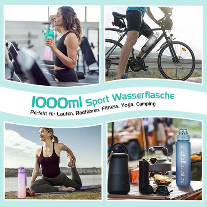 Sport Trinkflasche 1l BPA-frei Auslaufsicher Zeitmarkierung Fitness Büro Grün