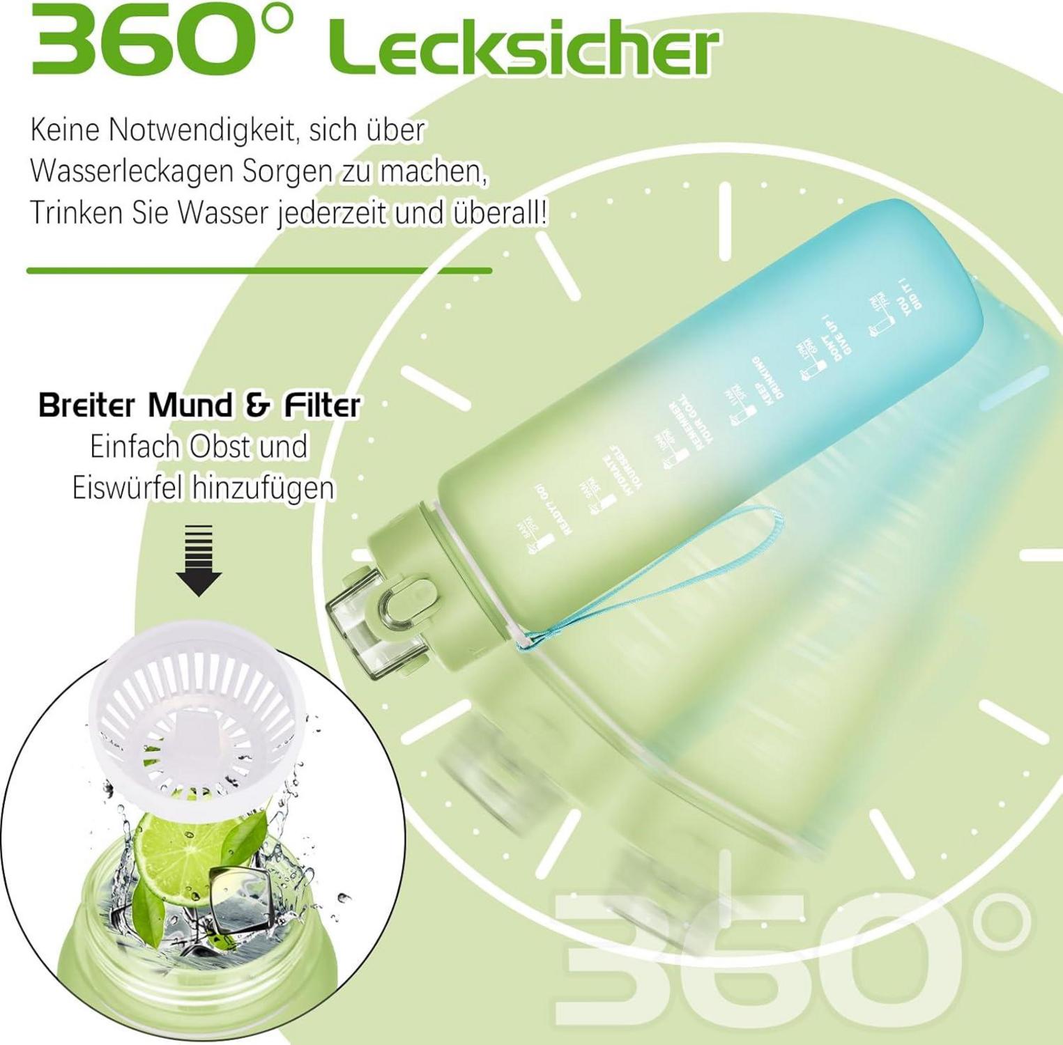 Sport Trinkflasche 1l BPA-frei Zeitmarkierung Auslaufsicher