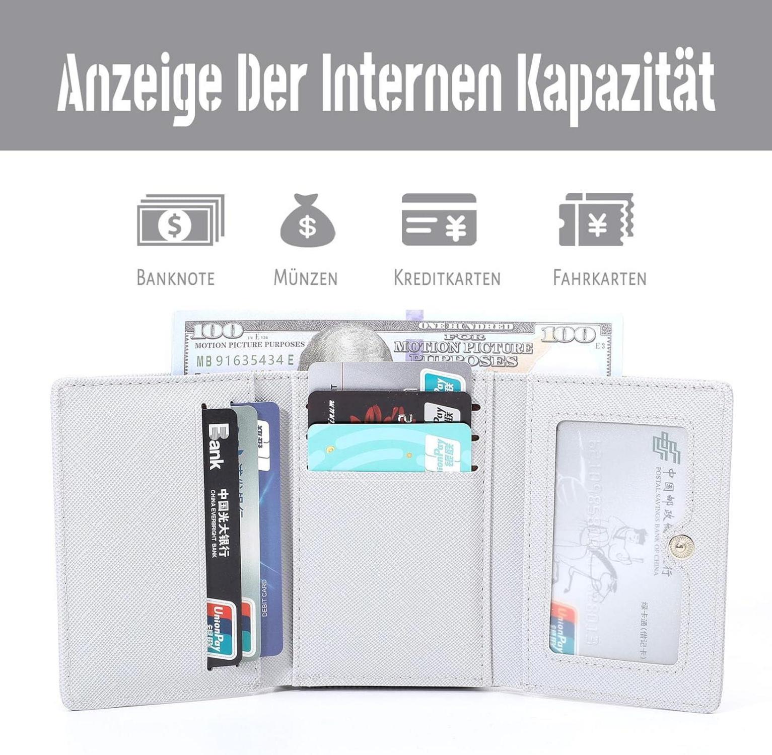 Kleines Portemonnaie Damen PU Leder 7 Kartenfächern Münzfach Grau