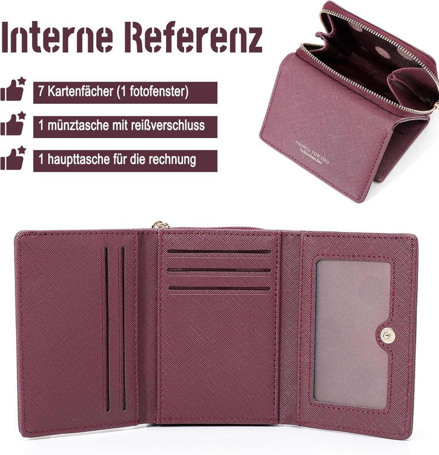 Damen Geldbörse Klein Rot PU Leder Münzfach 7