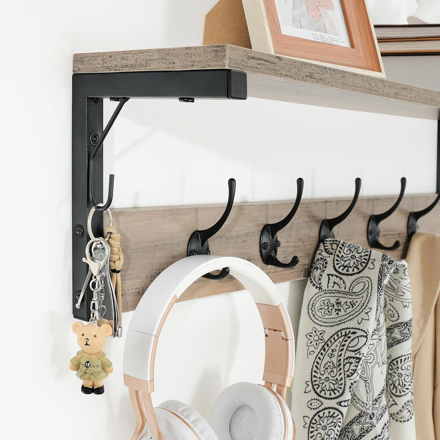 Wandgarderobe mit 7 Haken und Ablage, Wandmontage, für Flur, Wohnzimmer, Küche - Greige-Schwarz