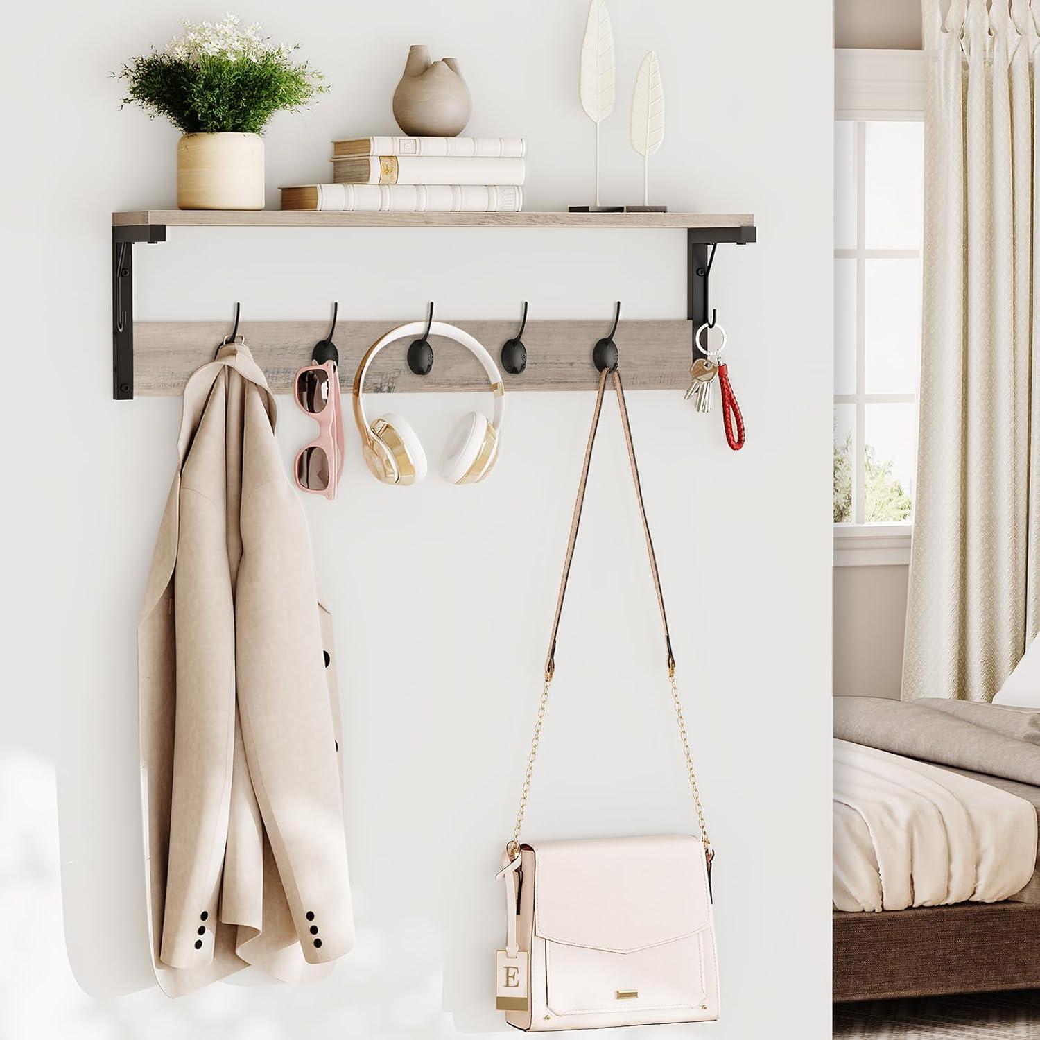 Wandgarderobe mit 7 Haken und Ablage, Wandregal für Flur und