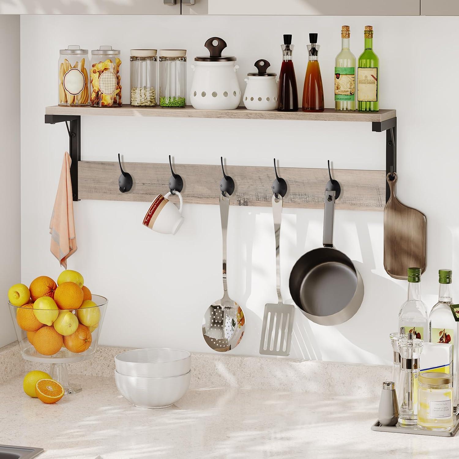 Wandgarderobe mit 7 Haken und Ablage, Wandmontage, für Flur, Wohnzimmer, Küche - Greige-Schwarz