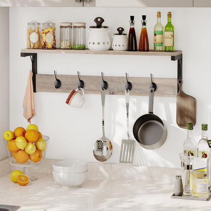 Wandgarderobe mit 7 Haken und Ablage, Wandmontage, für Flur, Wohnzimmer, Küche - Greige-Schwarz