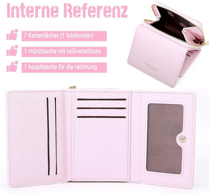 Damen Geldbörse Klein PU Leder Münzfach 7 Kartenfächer Saffiano Rose