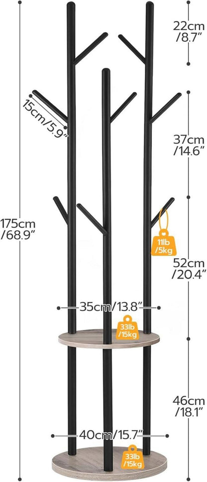 Garderobenständer Baumform 8 Haken 2 Ablagen Greige-Schwarz