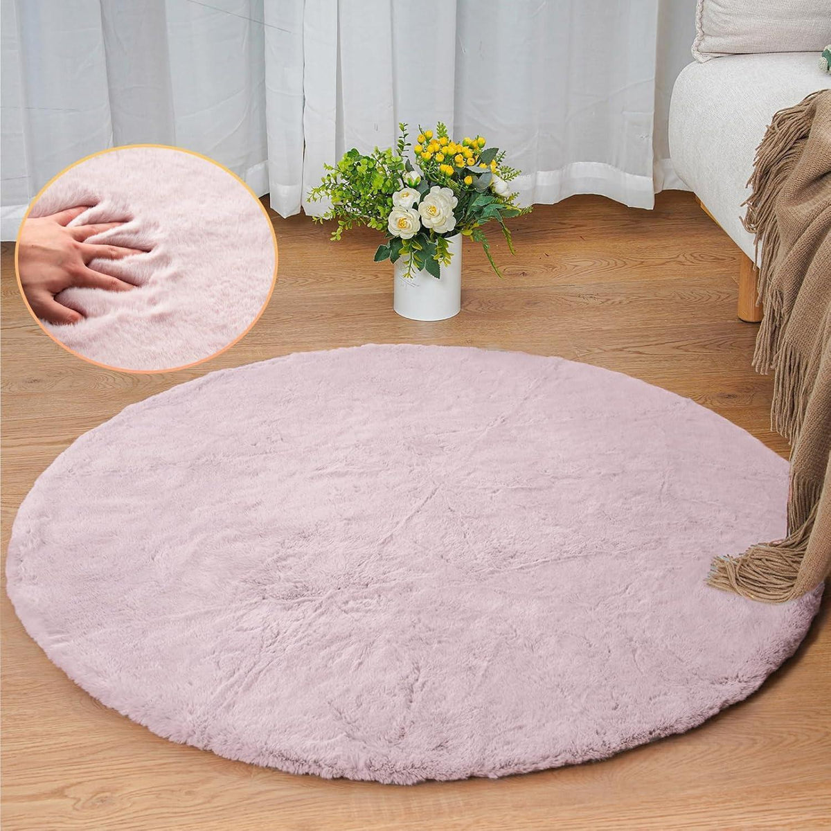 Runder Fellteppich Rosa 90 cm – Flauschiger Teppich Schlafzimmer