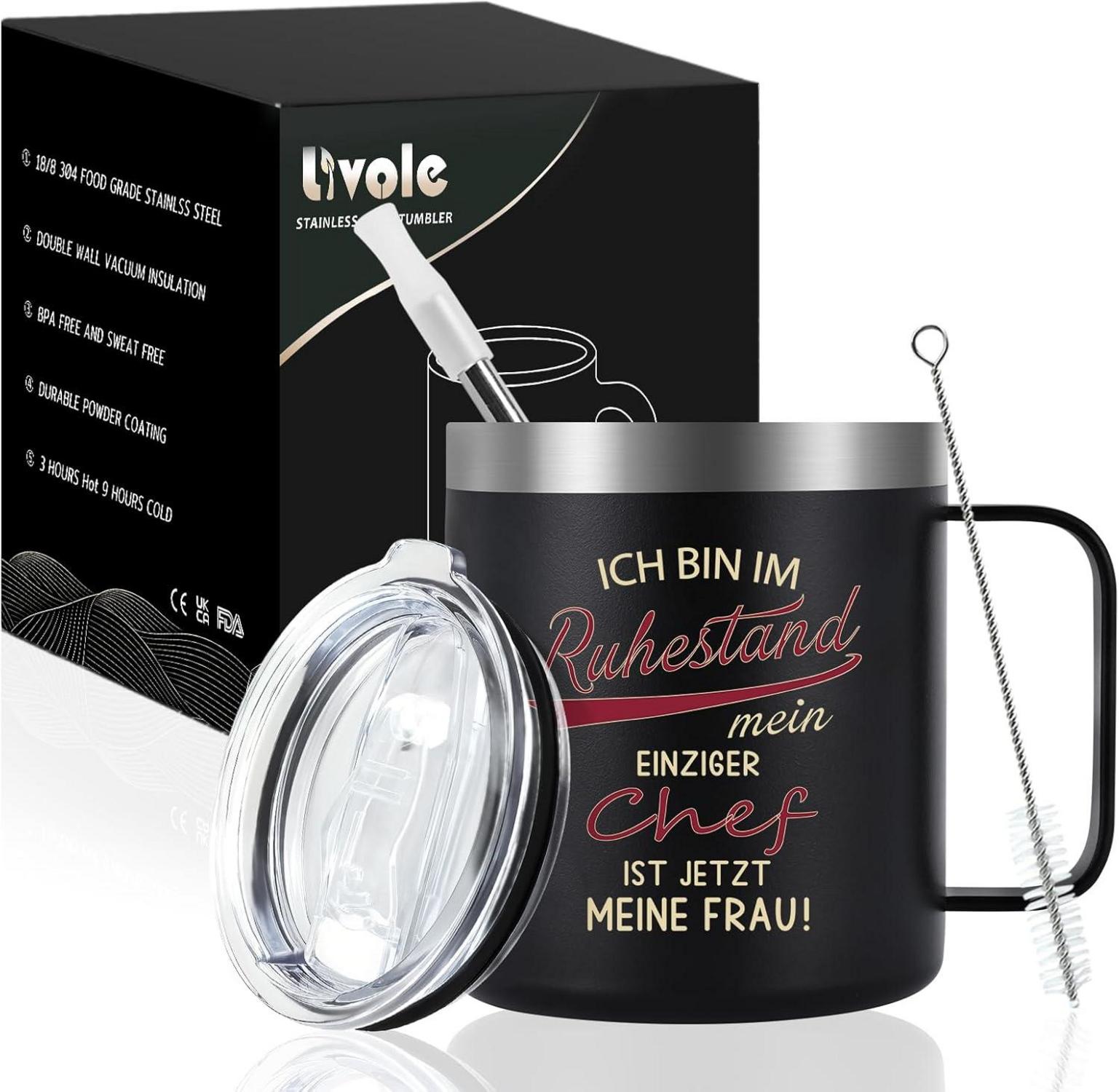 Livole Rentner Geschenk Tasse 2024, Edelstahl Doppelwandig 350ml mit Strohhalm
