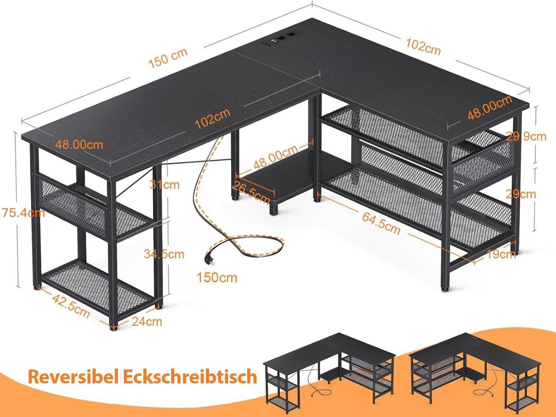 Gaming Schreibtisch L-Form mit Stauraum und integrierter