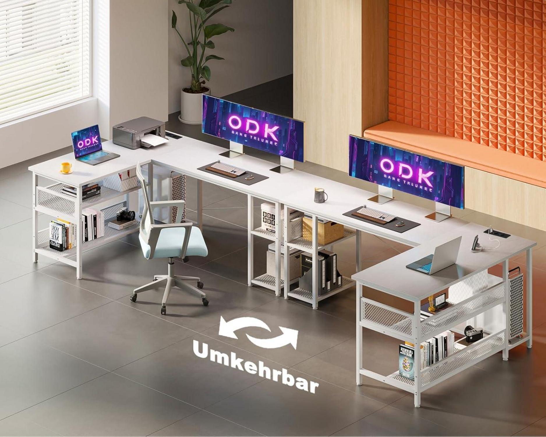 Gaming Schreibtisch L-Form mit Stauraum und USB, 150×102cm