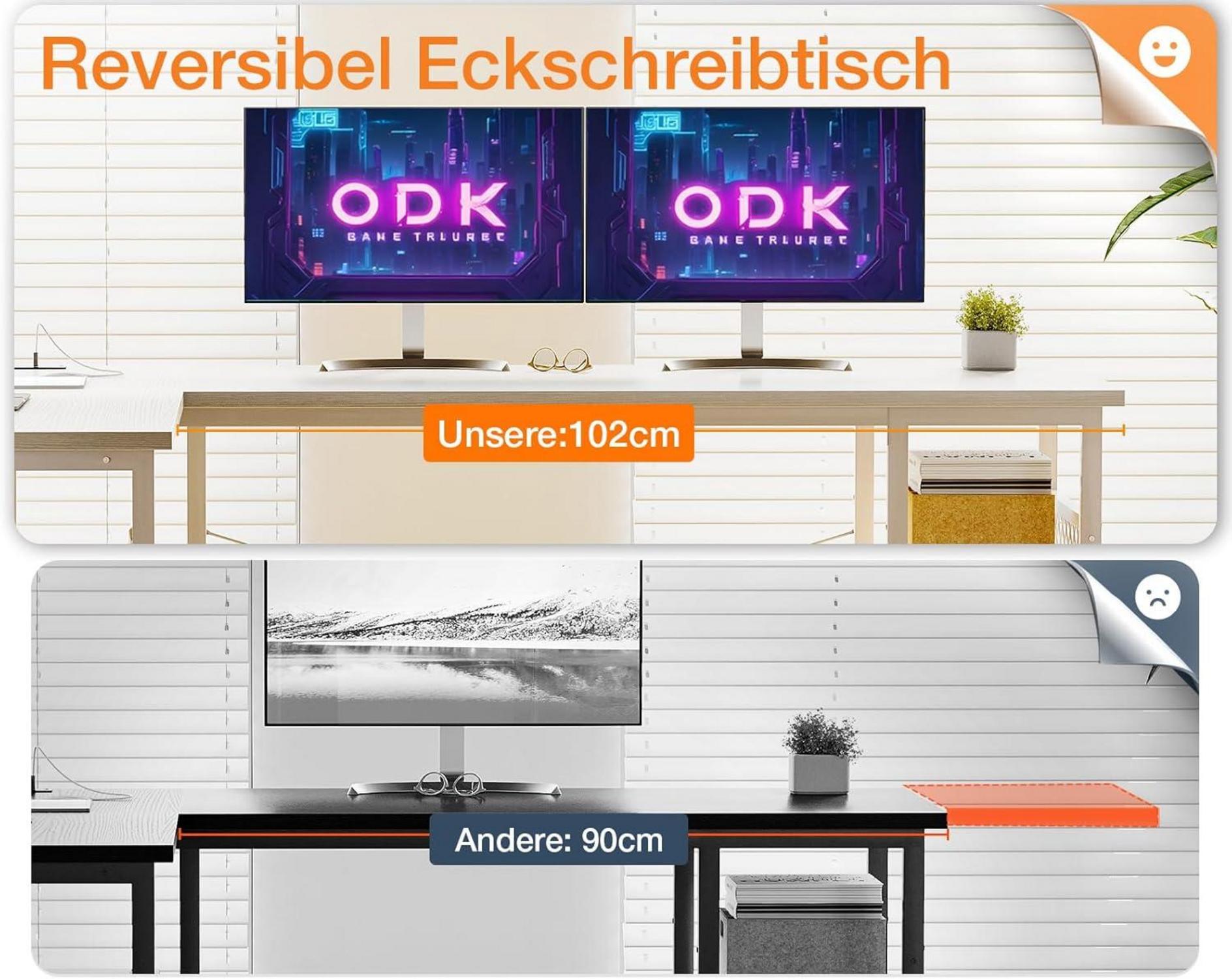 ODK Gaming Eckschreibtisch L-Form Weiß mit Stauraum, Steckdosen, USB 150×102cm