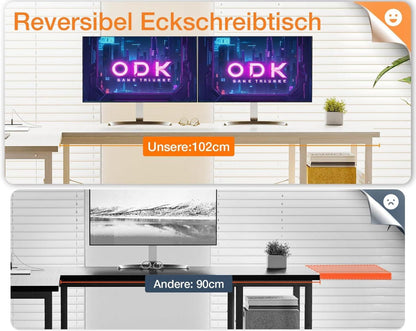 ODK Gaming Eckschreibtisch L-Form Weiß mit Stauraum, Steckdosen, USB 150×102cm