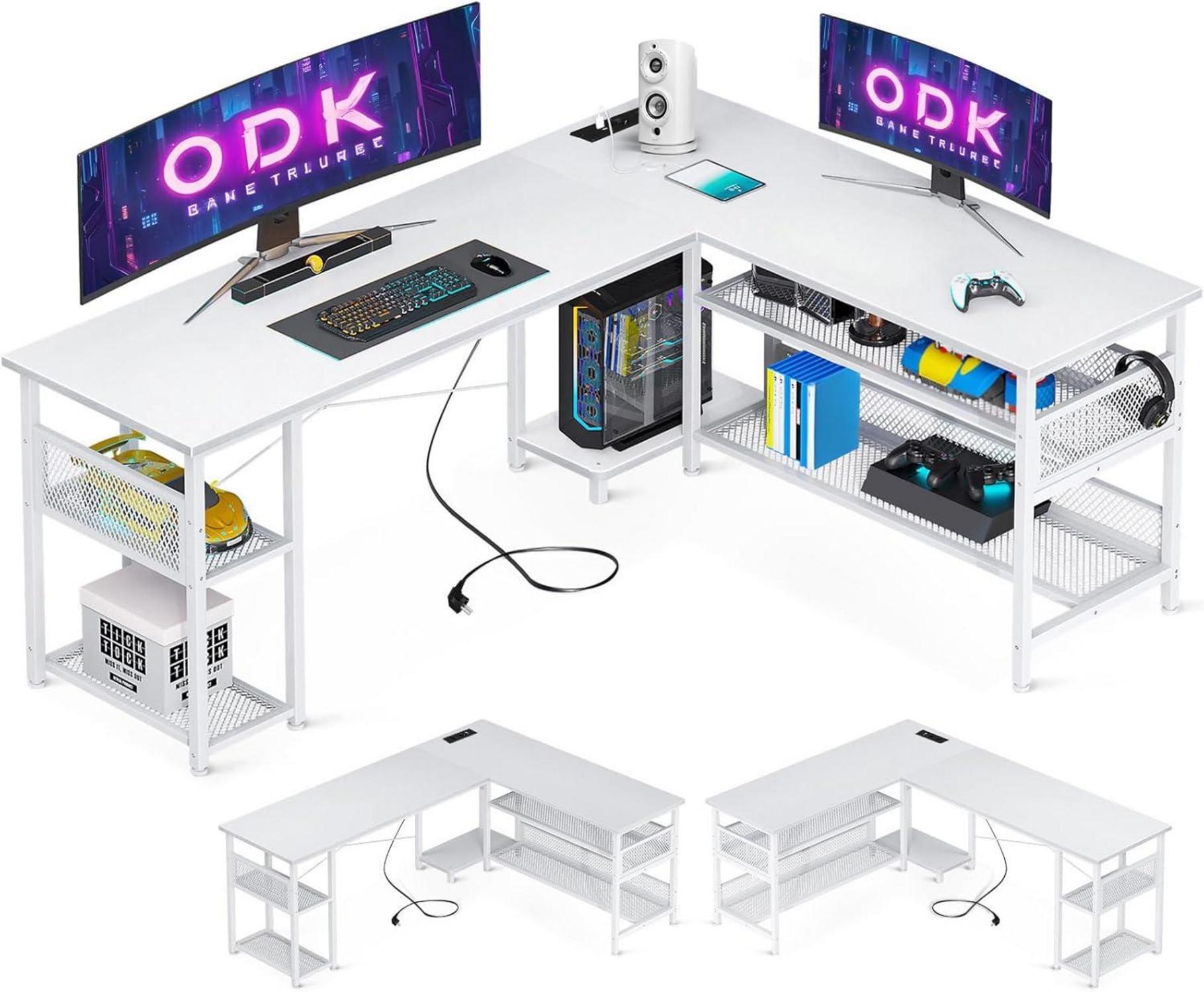 Gaming Schreibtisch L-Form mit Stauraum, Weiß 168×120cm