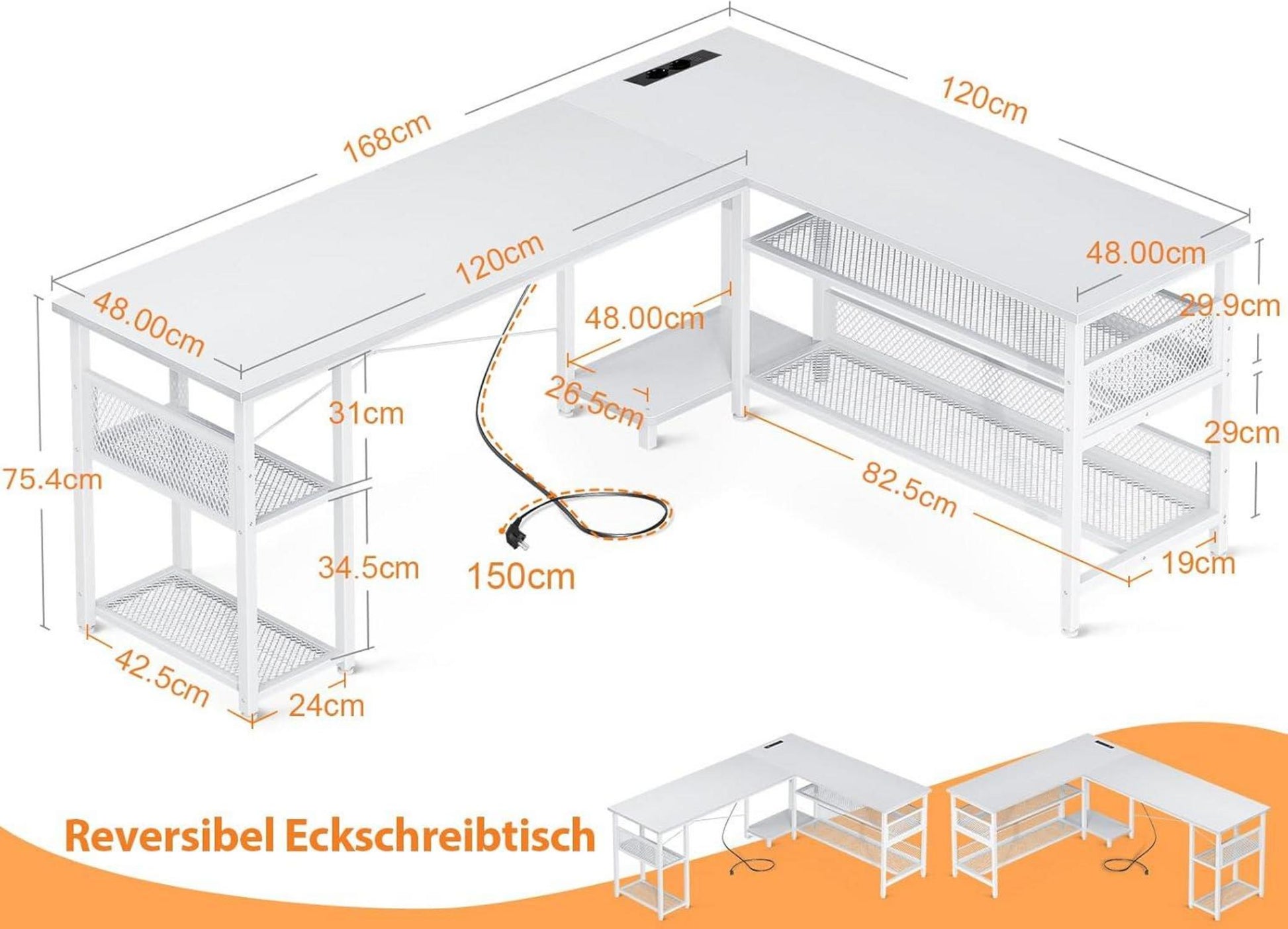 Gaming Schreibtisch L-Form mit Stauraum, Weiß 168×120cm