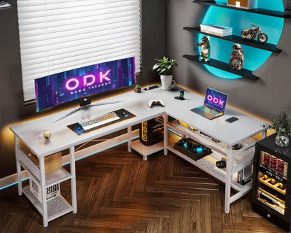 Gaming Schreibtisch L-Form Weiß mit großer Stauraumfläche 168×120cm