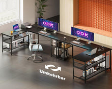 Gaming Schreibtisch L-Form mit Stauraum, 2 Steckdosen, 2