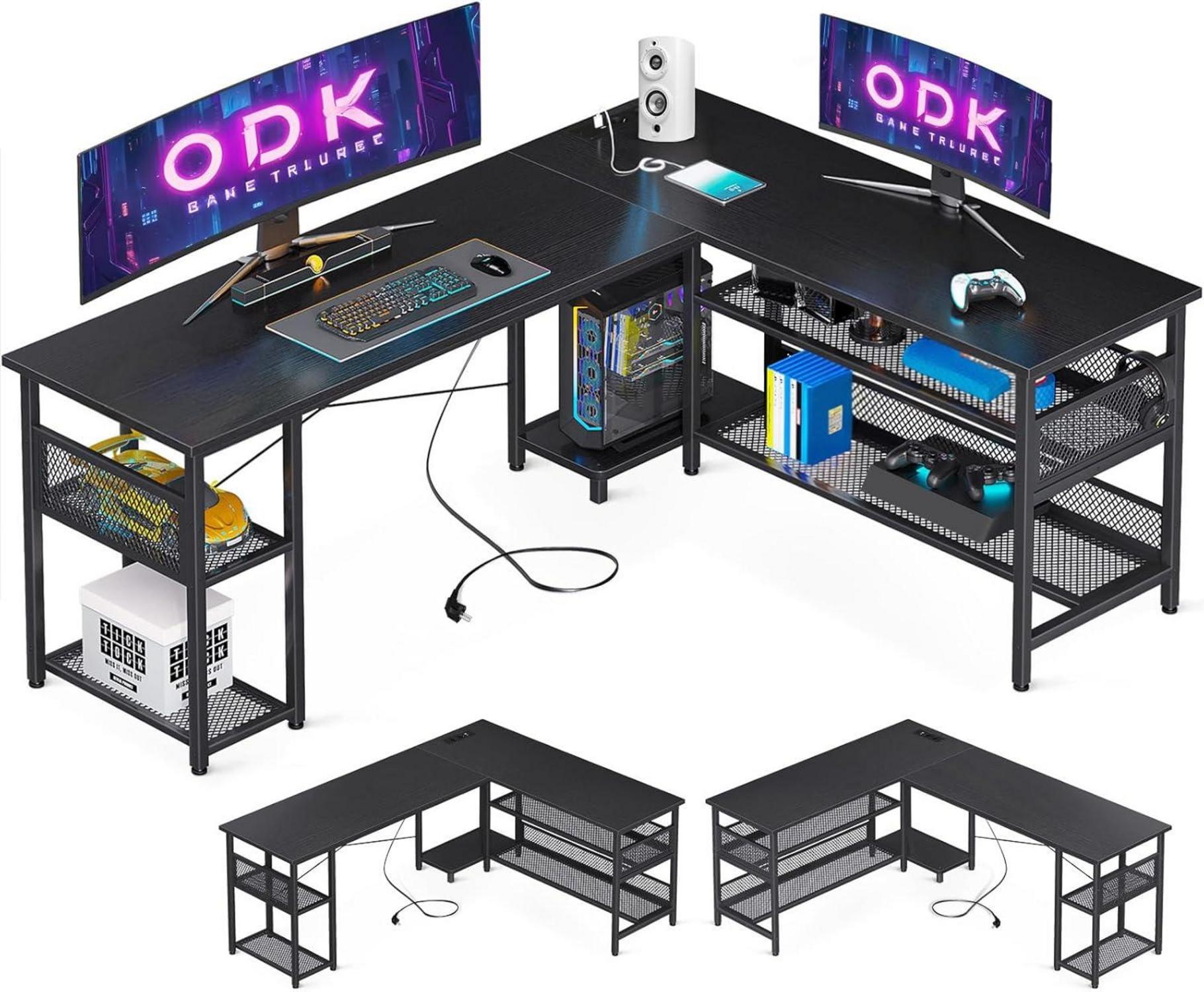 ODK Gaming Eckschreibtisch L-Form Schwarz 168×120cm mit Stauraum und USB-Anschlüssen