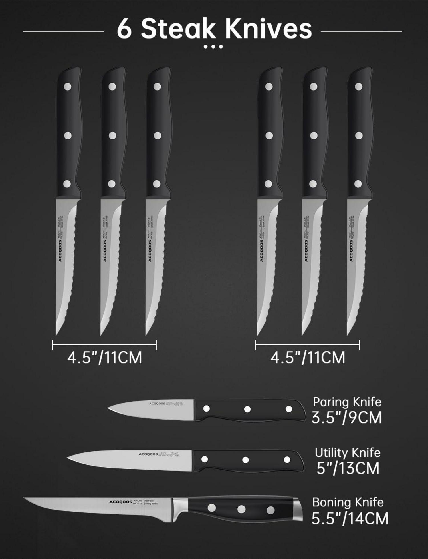 ACOQOOS 17-teiliges Messerblock-Set mit Tranchiergabel - Edelstahl Kochmesser Brotmesser Steakmesser Schere und Wetzstahl