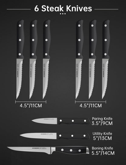 ACOQOOS 17-teiliges Messerblock-Set mit Tranchiergabel - Edelstahl Kochmesser Brotmesser Steakmesser Schere und Wetzstahl