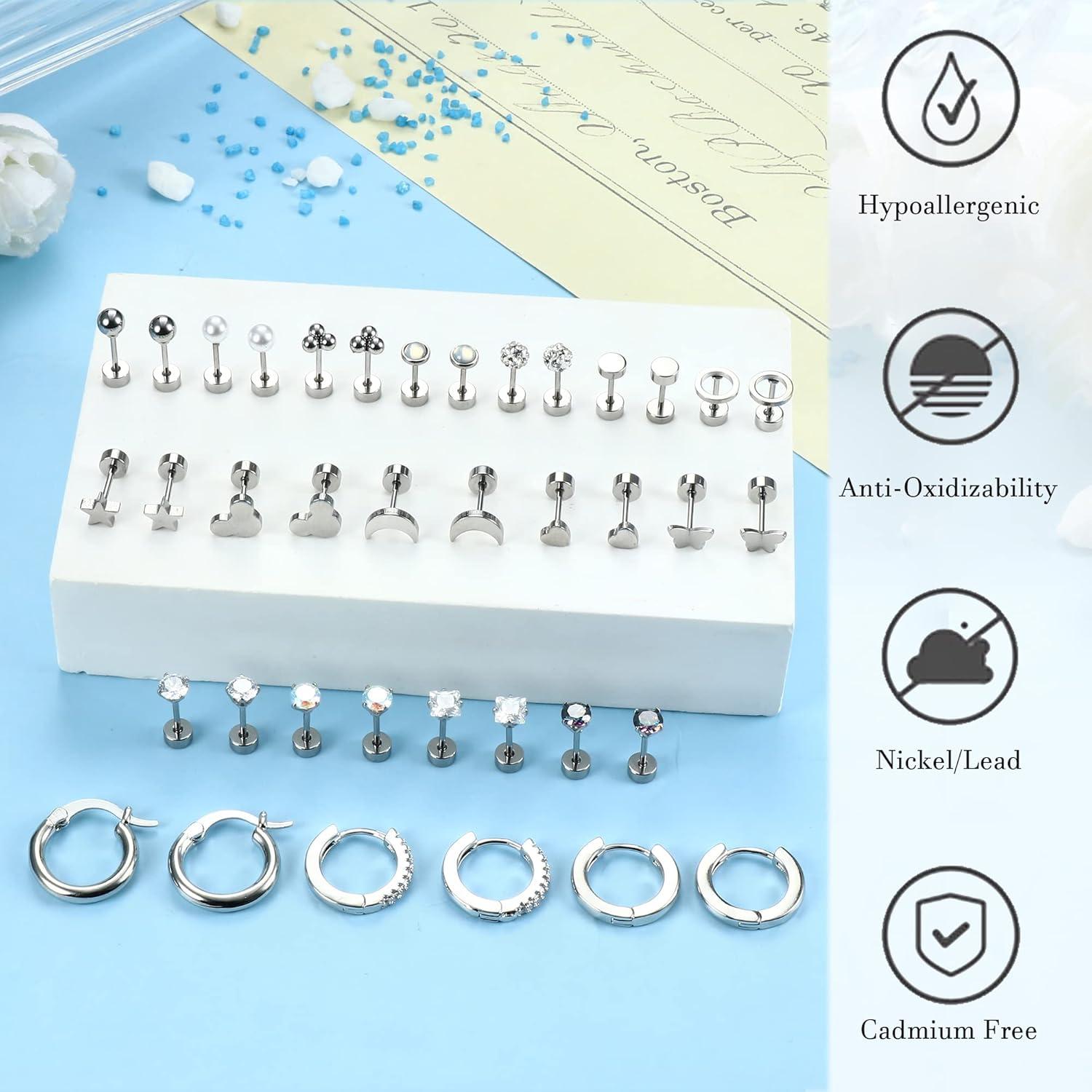 Kleine Ohrstecker Set Damen Chirurgenstahl Zirkonia 19Paar Flatback Creolen