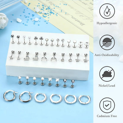 Kleine Ohrstecker Set Damen Chirurgenstahl Zirkonia 19Paar Flatback Creolen