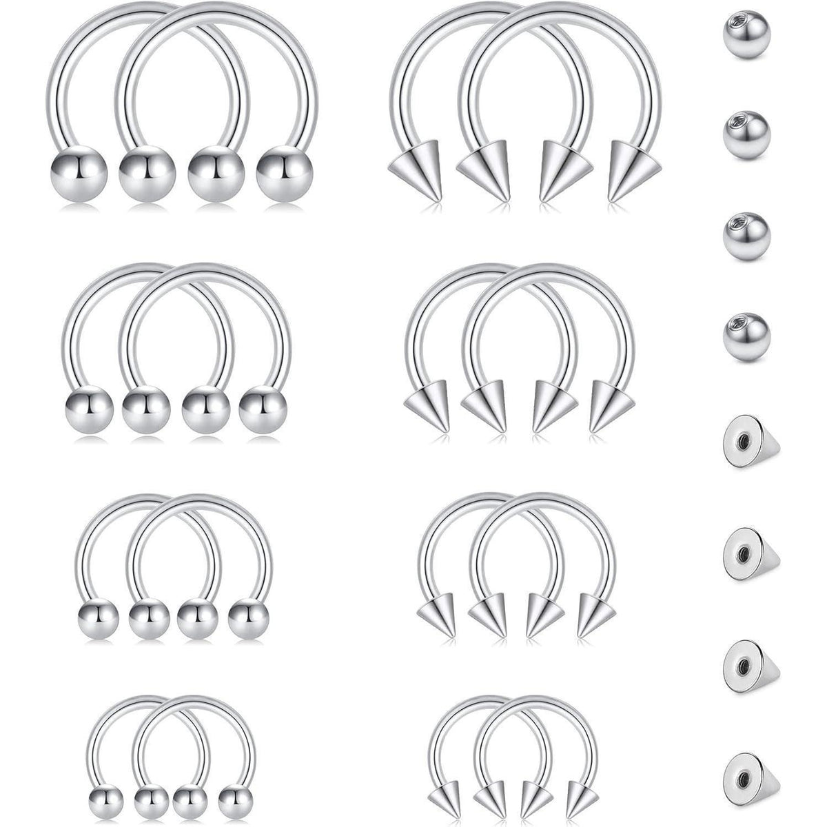 Hufeisen Nasenring Piercing Set 24tlg. Silber, Schwarz, Roségold 16G