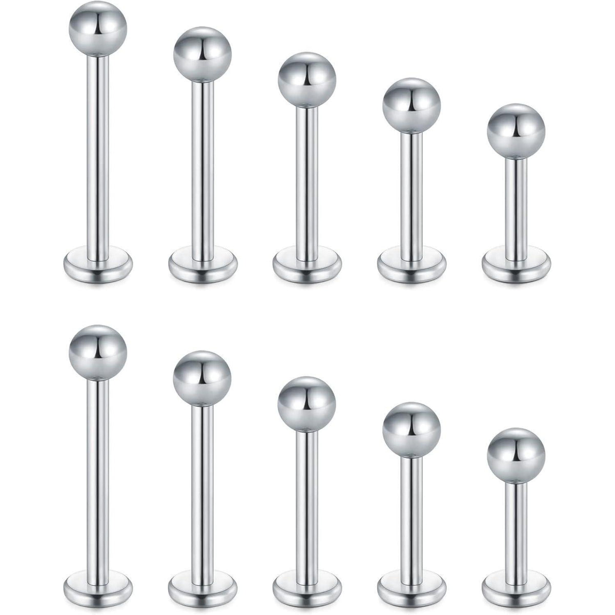 10er Set Chirurgenstahl Lippenpiercing Studs Silber 16G mit Zirkon