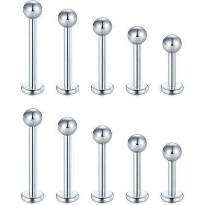 10er Set Chirurgenstahl Lippenpiercing Studs Silber 16G mit Zirkon