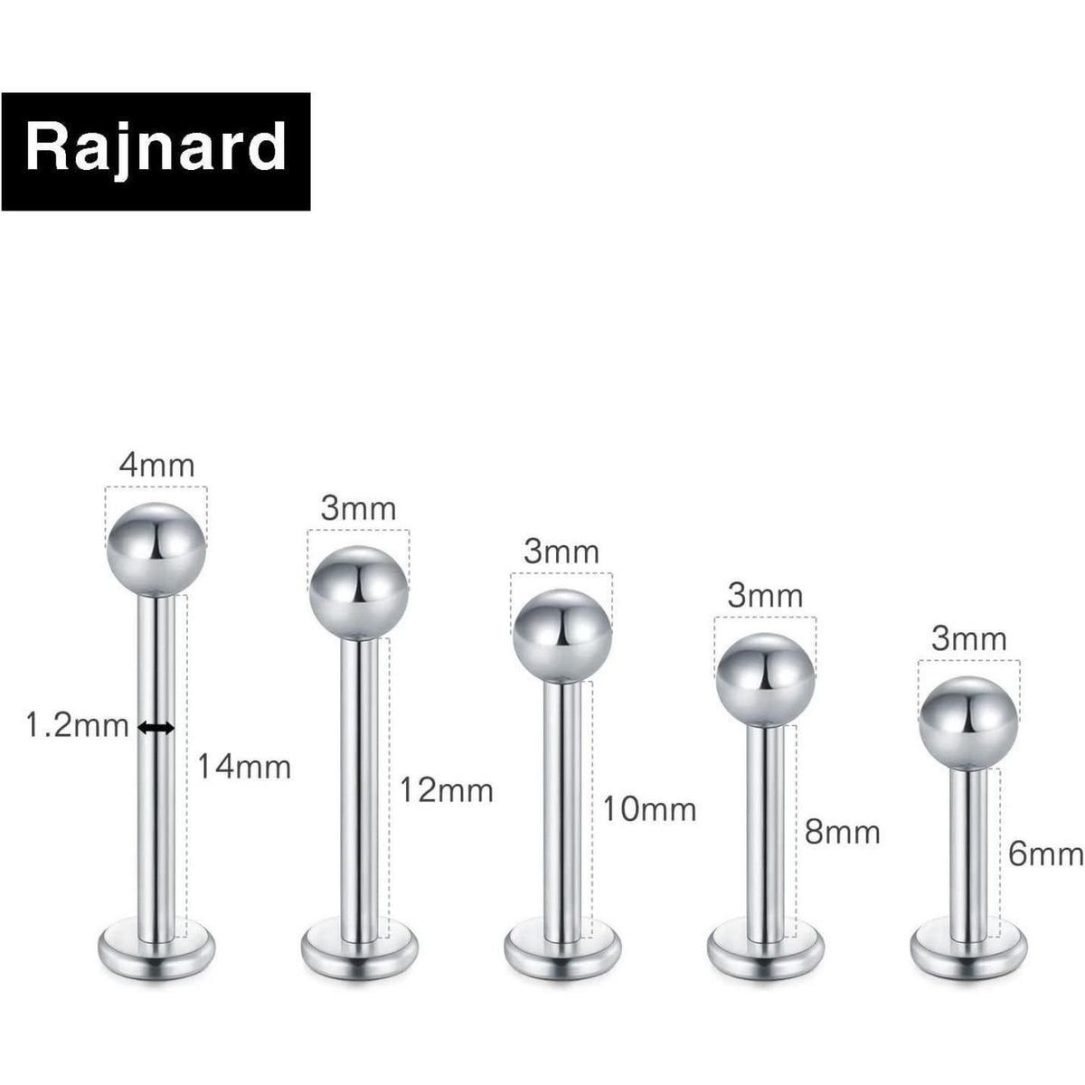 10er Set Chirurgenstahl Lippenpiercing Studs Silber 16G mit Zirkon
