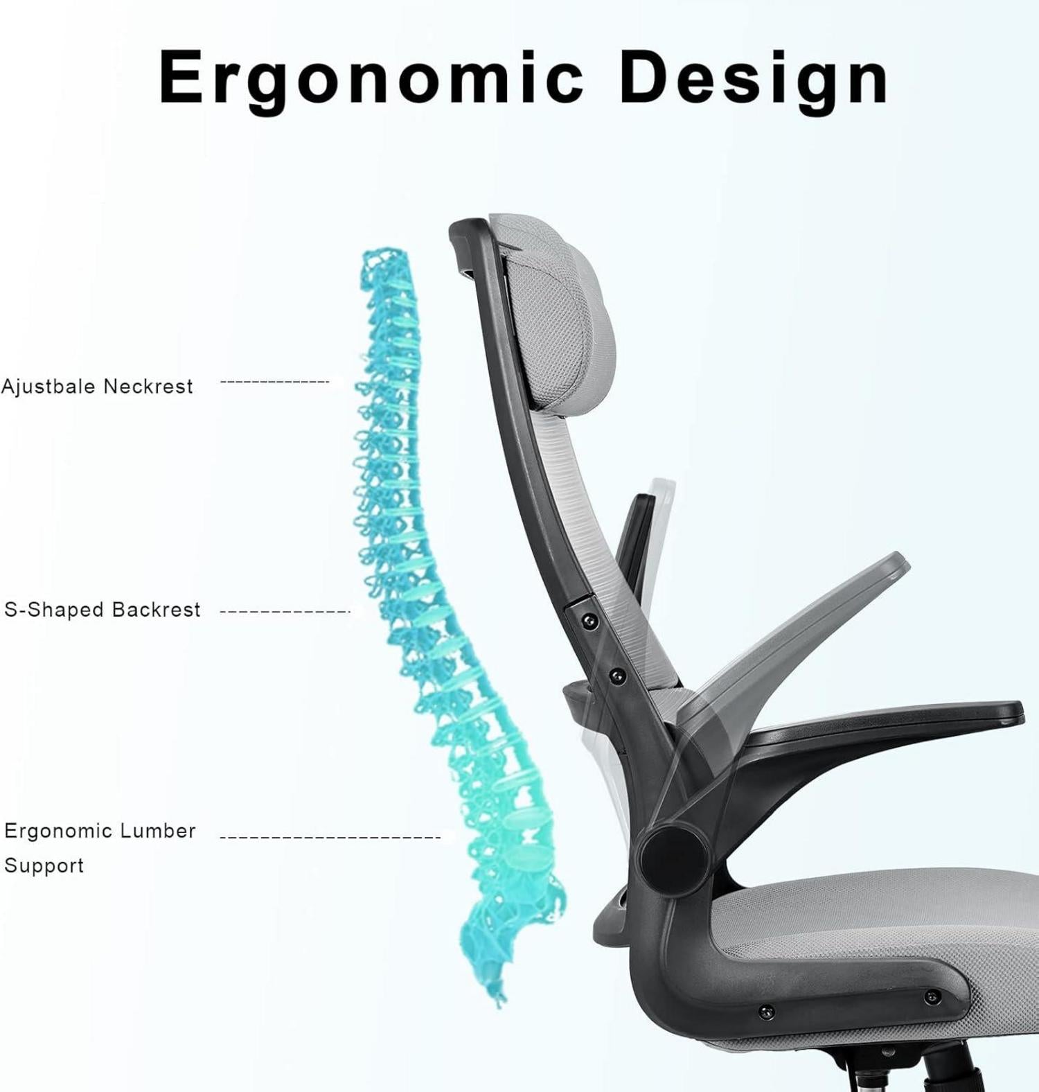 Ergonomischer Bürostuhl mit Mesh, Klappbaren Armlehnen, Kopf- und