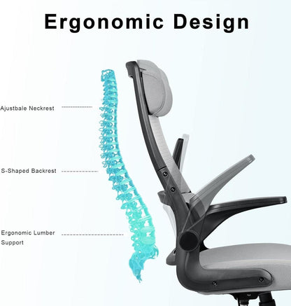 Ergonomischer Bürostuhl mit Mesh, Klappbaren Armlehnen, Kopf- und