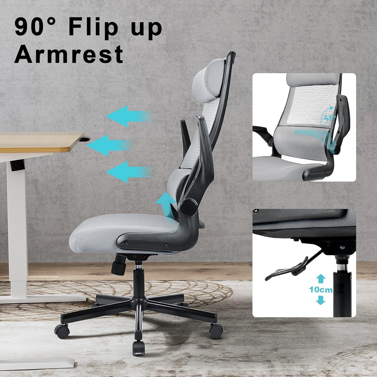 Ergonomischer Bürostuhl mit Mesh, Klappbaren Armlehnen, Kopf- und