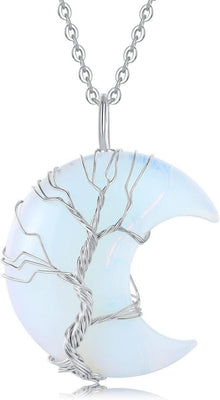Kristall Halskette Mondsichel Baum des Lebens Opal Quarz Stein