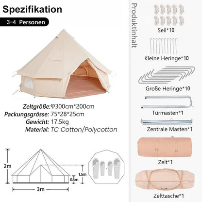 Glockenzelt 3m Baumwolle Glamping Zelt 6 Personen Camping Tipi Outdoor