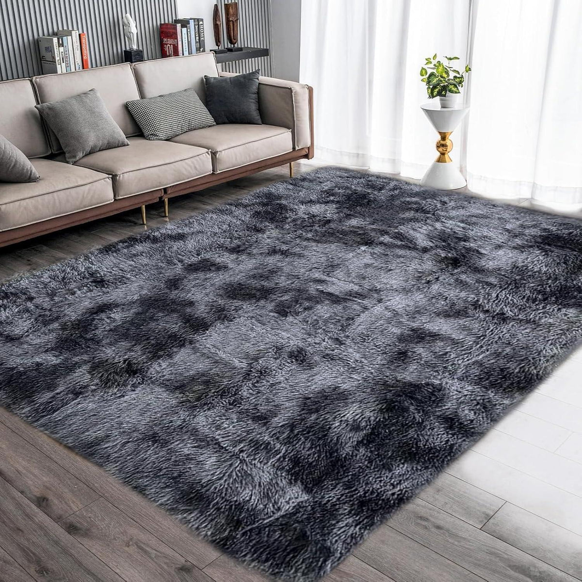 Flauschiger Teppich 250x300cm Rechteckig Schwarz Grau