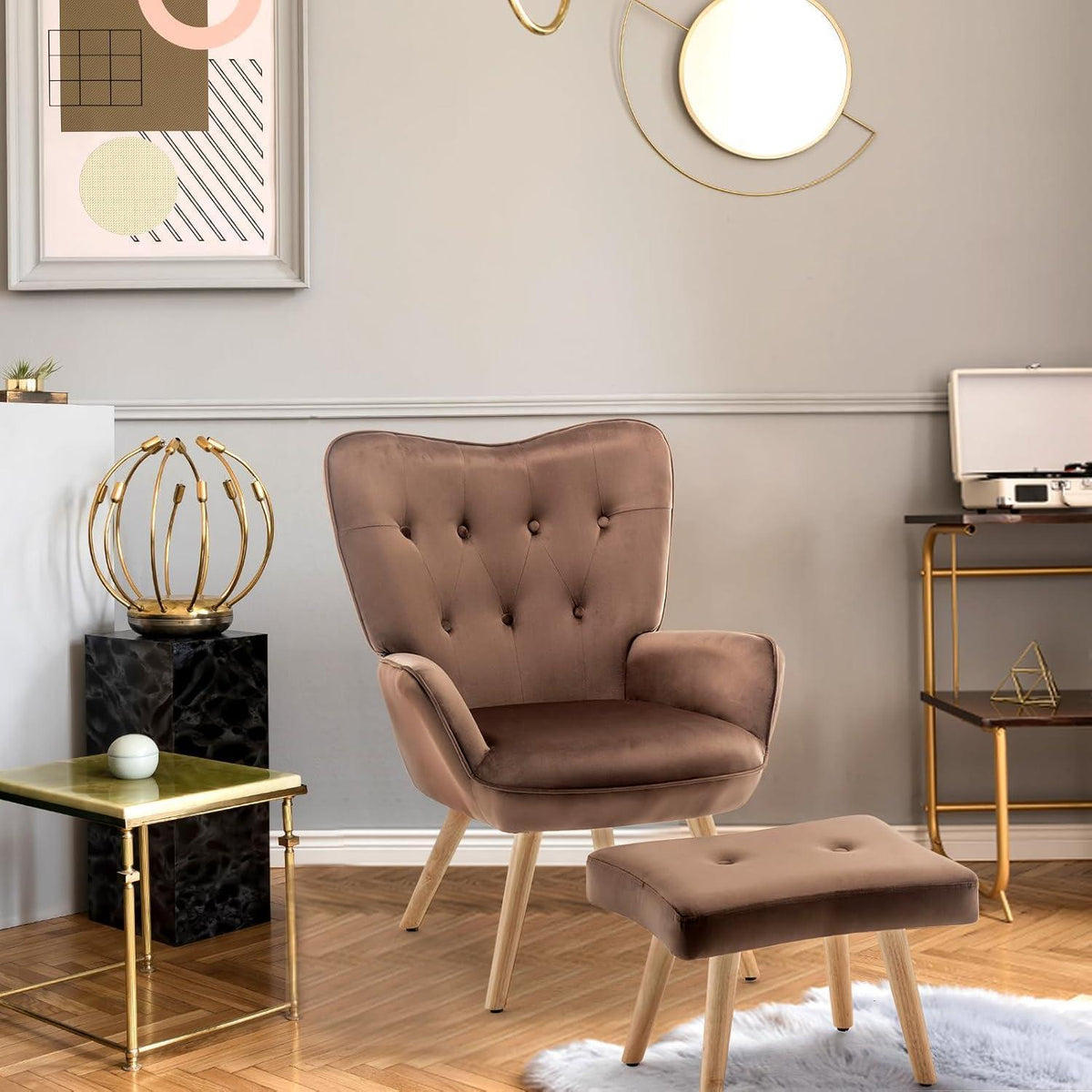 Ohrensessel mit Hocker – Bequemer Samt Relaxsessel Braun