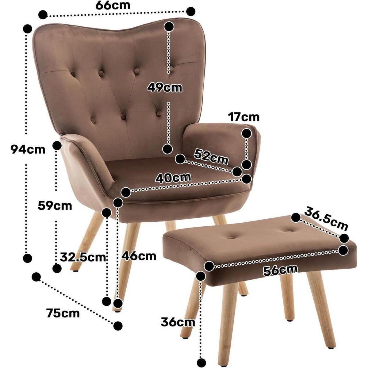 Ohrensessel mit Hocker – Bequemer Samt Relaxsessel Braun