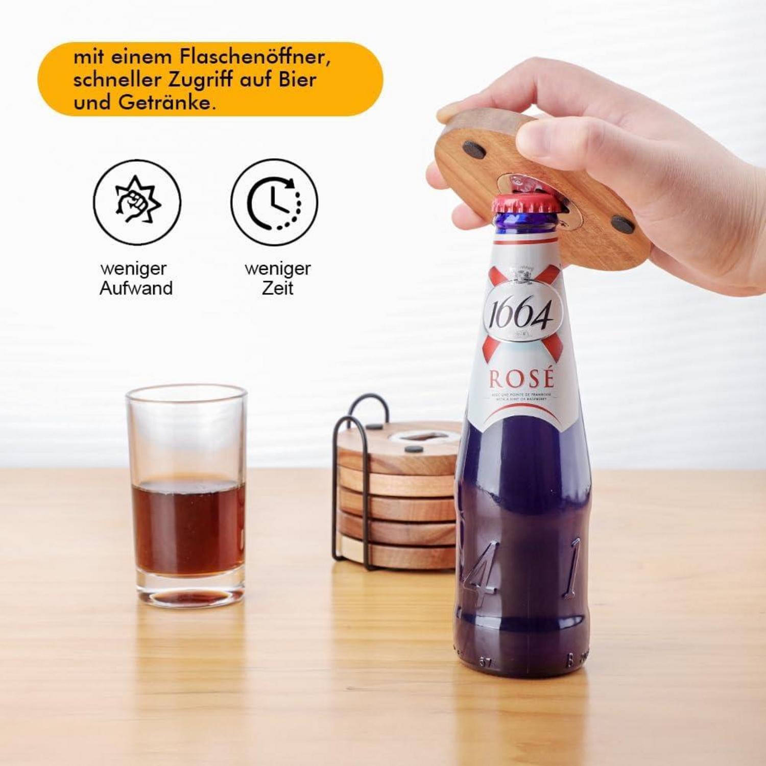 Holz Untersetzer Glas 6er Set mit Flaschenöffner Halter