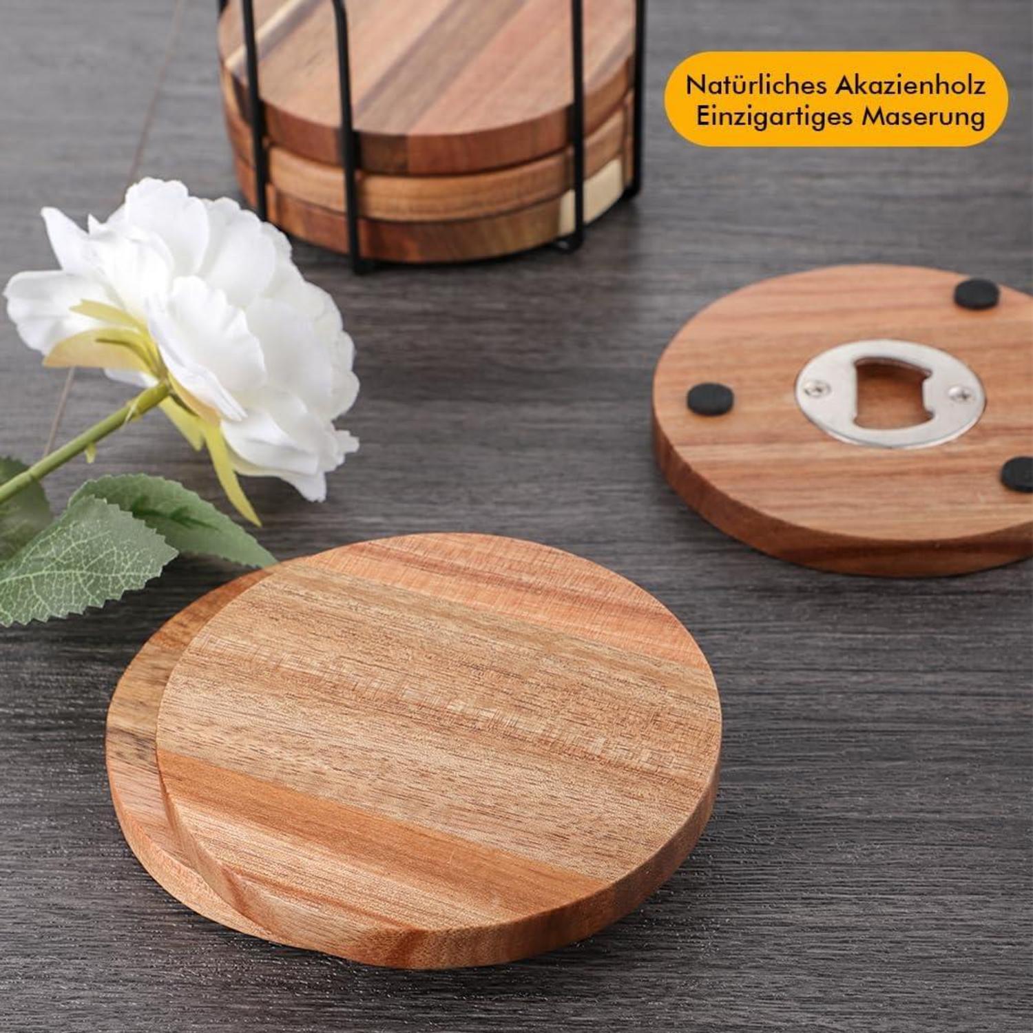 Holz Untersetzer Set 6er Glasuntersetzer Flaschenöffner rund Halter