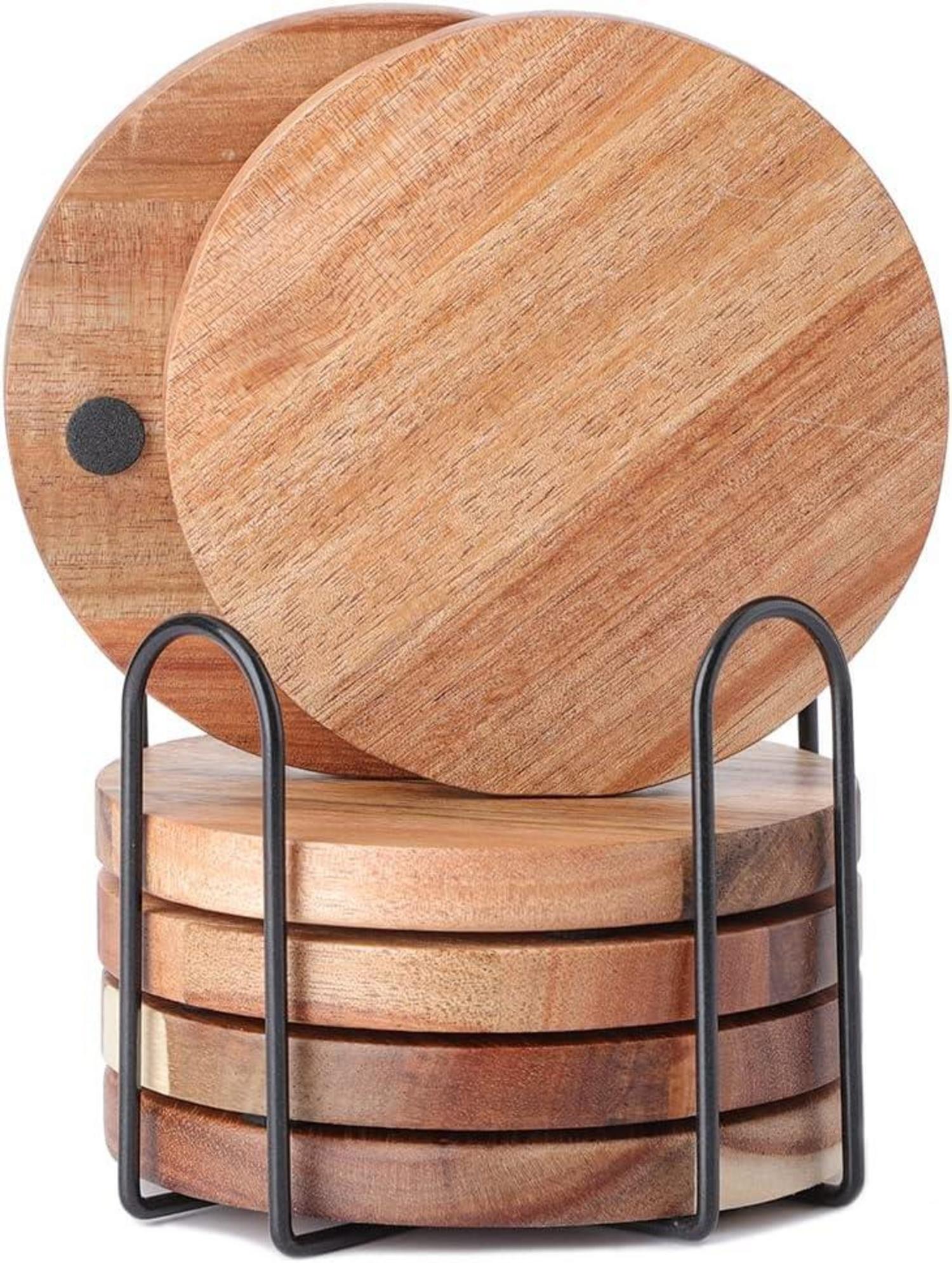 Untersetzer Holz 6er Set mit Flaschenöffner Halter für Gläser Getränke Tassen