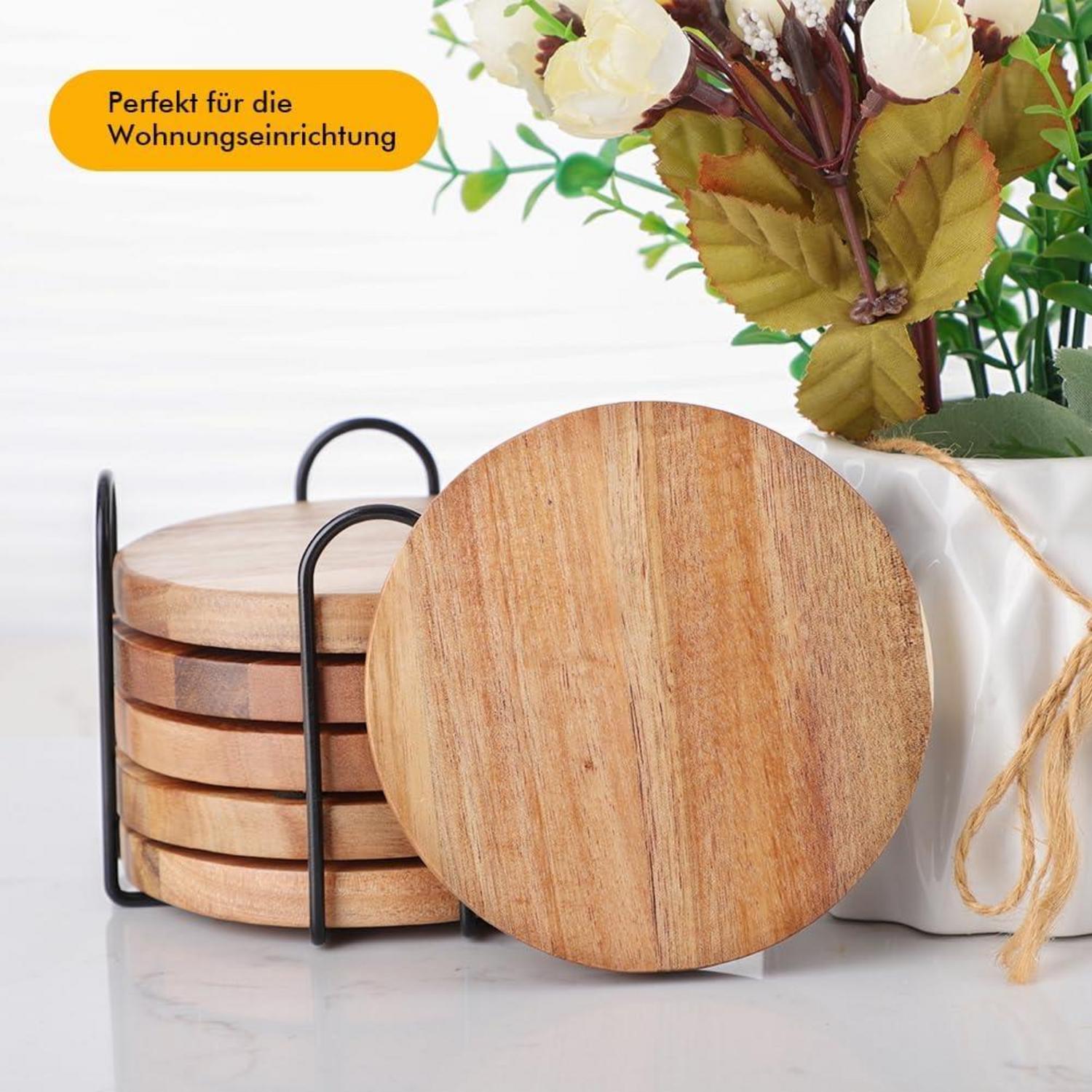 Holz Untersetzer 6er Set mit Flaschenöffner für Getränke Tassen Bar
