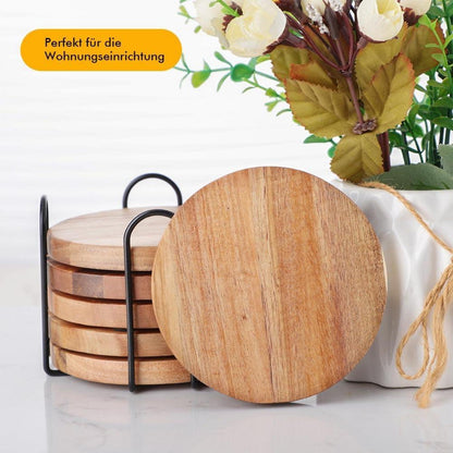 Holz Untersetzer 6er Set mit Flaschenöffner für Getränke Tassen Bar