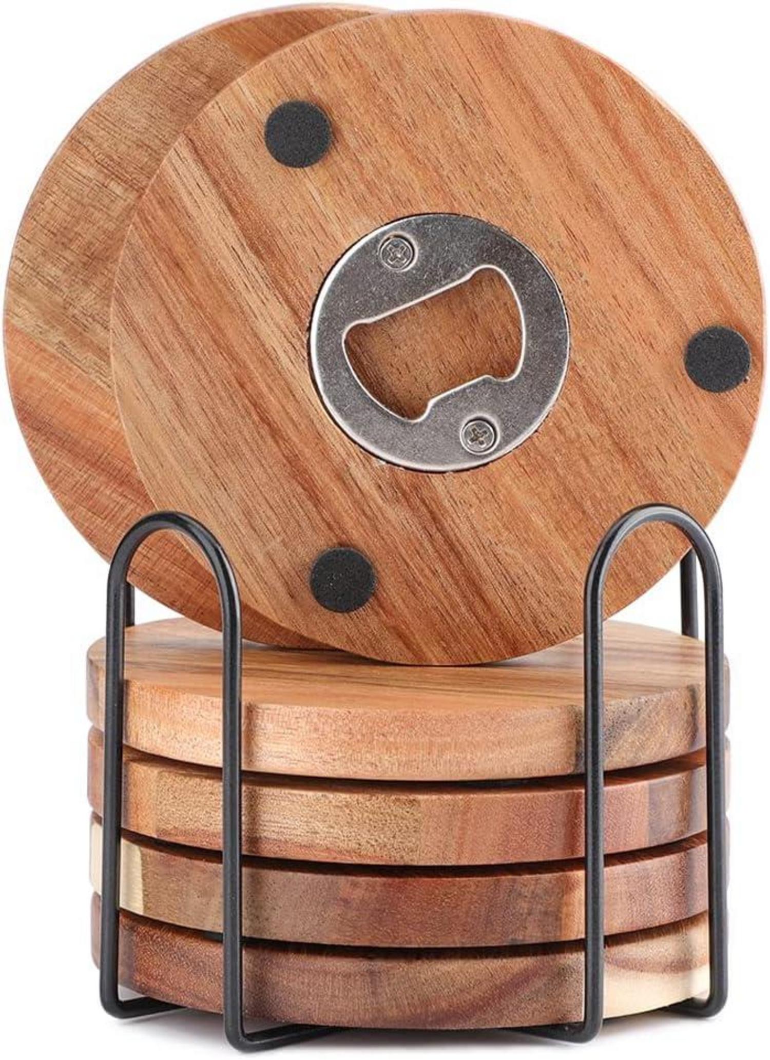 Holz Untersetzer 6er Set mit Flaschenöffner für Getränke Tassen Bar